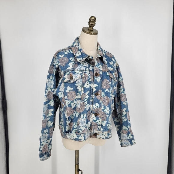 Vintage Floral Print Denim Jacket Button Up Blue Jean Large Judy - Picture 2 of 9